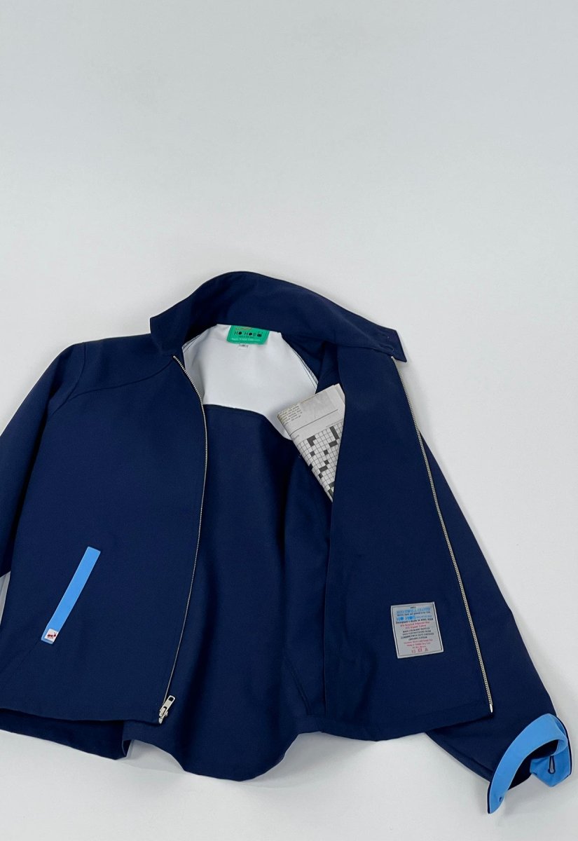 fire ant label color block navy jacket HO HOS HOLE IN THE WALL Natali Koromoto and Edd Chittenden design