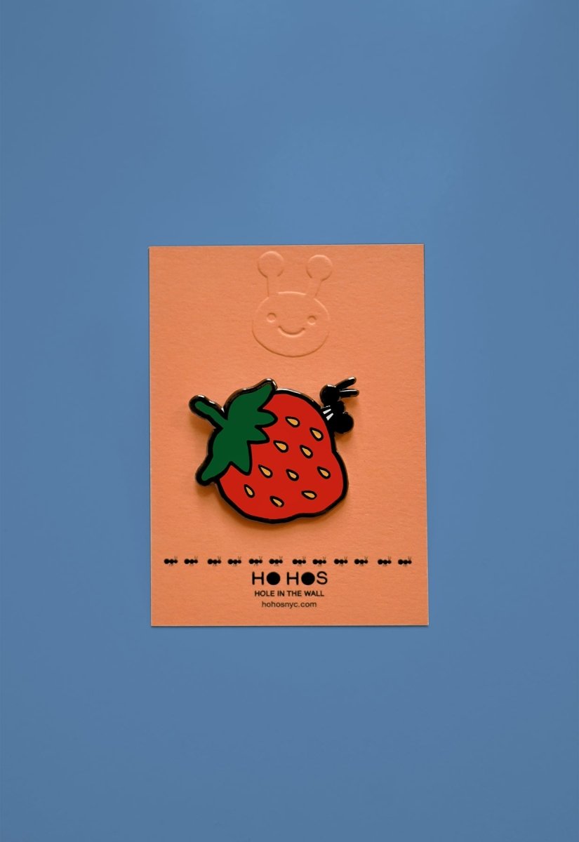 "Strawberry & Ant" Enamel Pin. Design by HO HOS HOLE IN THE WALL (NYC)